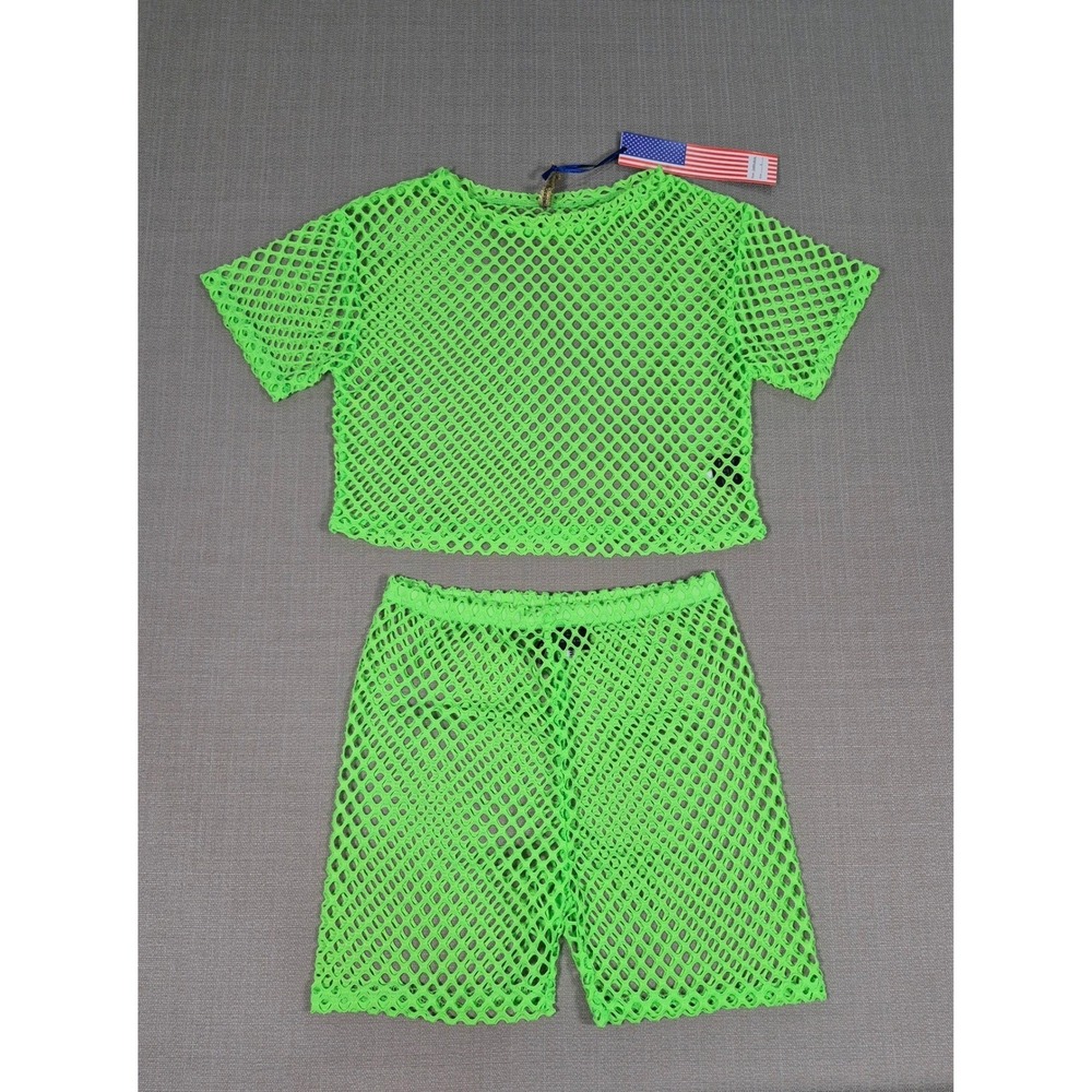 American Leisure Womens Neon Green Mesh Two Piece Set Crop Top Shorts Small NWT